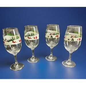 Set Of 4 Vintage Winter Village 12‎ OZ Water Goblets By Libbey Glass 7 3/4"